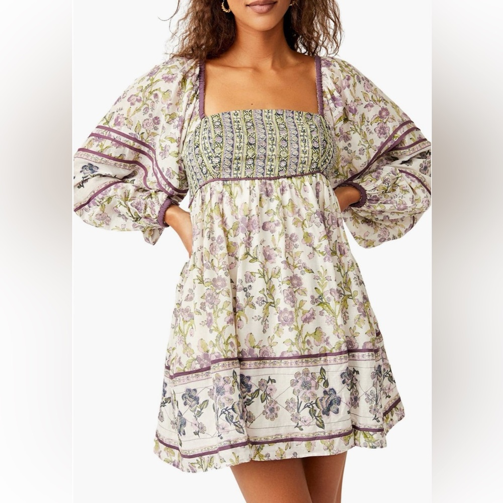 Free People Endless Afternoon Print Long Sleeve Mini Dress. Purple & White